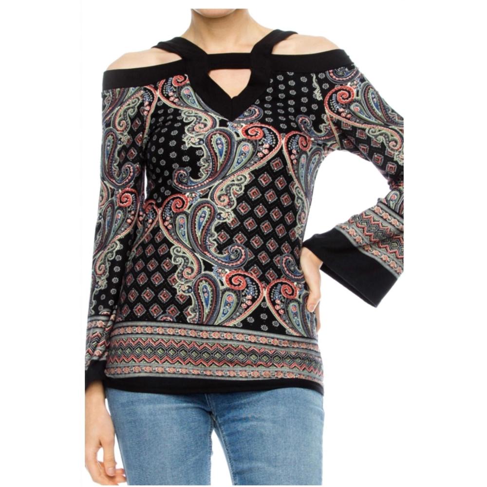 NEW YOYO 5 women's paisley cold shoulder long sleeve top in black